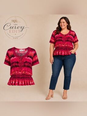 Kim Rogers Woman 3X Boho Peasant Top Pink Smocked Waist Tie Neck Blouse